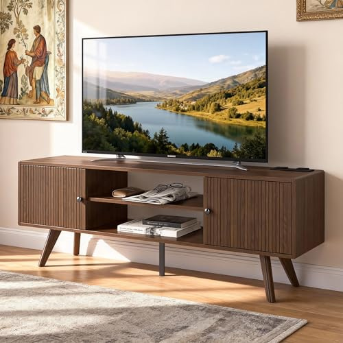 Manora Wooden TV Stand Cabinet,Rustic TV Unit with Storage,TV Units for Living Room 55 Inch with 2 Grooved Doors with Plenty of Storage and open Shelves Wooden Legs,Thick 15mm P2 Board,Walnut