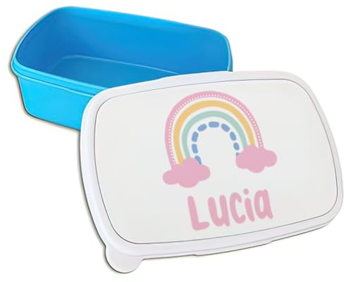 xulisimo Fiambrera infantil personalizada con nombre, ideal para vuelta al cole, uso diario en el colegio o guardería, libre de BPA y apta para alimentos (Azul, Arcoiris)