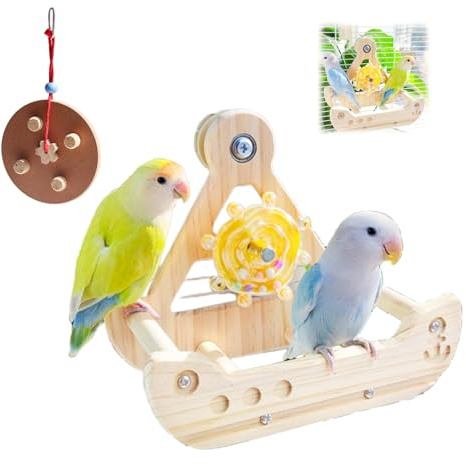 Giocattolo per uccelli con morso, giocattolo per pappagalli, giocattolo per pappagalli, altalena per uccelli in legno per pappagalli, forma di nave pirata, seduta interattiva per gabbia e occupazione