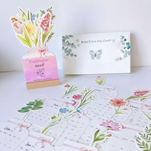 Calendario Sobremesa 2026 Pequeño, Mini Calendario Mesa 2026 De Flores Con Base De Madera, Material Oficina Da Escritorio, Regalos Para Mujer