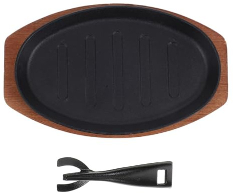 Angoily Plaque fonte steak grill cast iron pour cuisson uniforme et service avec base en bois, teppanyaki hot plate western steak iron plate, set complet avec fourchette