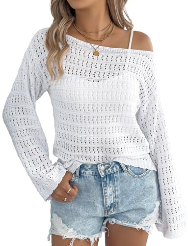 Adigau Pull Tricoté pour Femme Haut Chic et Élégant à Manches Cloche Pull À Épaules Dénudées Top Décontracté à Manches Longues pour Printemps Été Automne