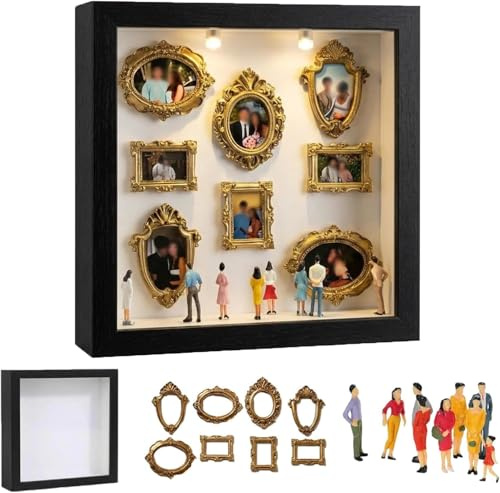 DIY Mini Museum Silhouette Box Foto Recordatorio Set con 8 Mini marcos dorados y 8 figuras aleatorias, marco creativo con luz LED para aniversario, boda, decoración del hogar