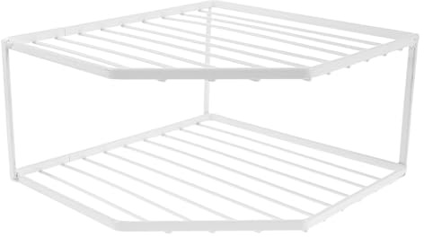 ERINGOGO Corner Pot and Pan Rack Double-Layer Metal White Kitchen Cabinet Organizer for Cookware Storage and Countertop Space-Saving Solution for Home Kitchens