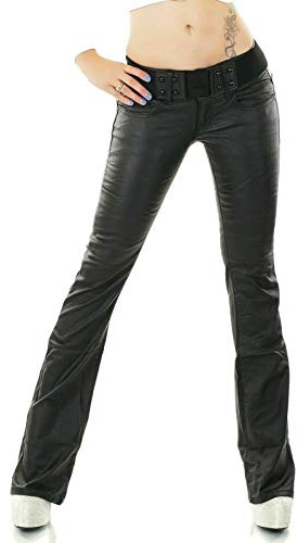 Noir Triple XXX Women's Wet Look Faux Leather Boot Cut Trousers Jeans Black Belt incl UK 6-14 (UK 10 EU 38)