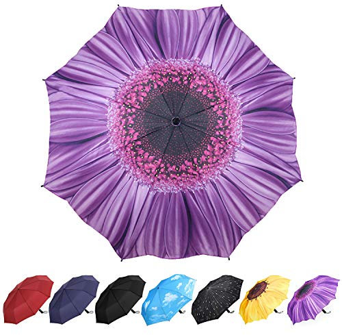 YumSur Parapluie Pliant, Automatique Ouverture et Fermeture Résistant à Tempête Compact Léger Parapluie de Voyage pour Homme et Femme,Violet Daisy Impression