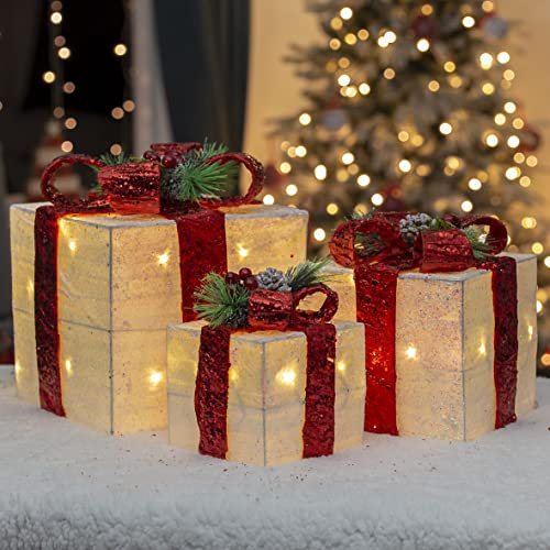 The Christmas Workshop 70749 Set of 3 Light-Up Christmas Boxes With Red Bow/Indoor Christmas Decorations / 65 Warm White LED Lights/Battery Operated/Timer Functionality