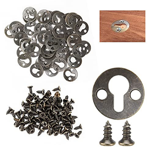 50 Stück Rund Schrankaufhänger 10mm Schlüsselloch Vintage Metall Doppelloch Runde Schlüsselloch Aufhänger mit 100 Schrauben zum Aufhängen von Bilderrahmen, Bronzeton