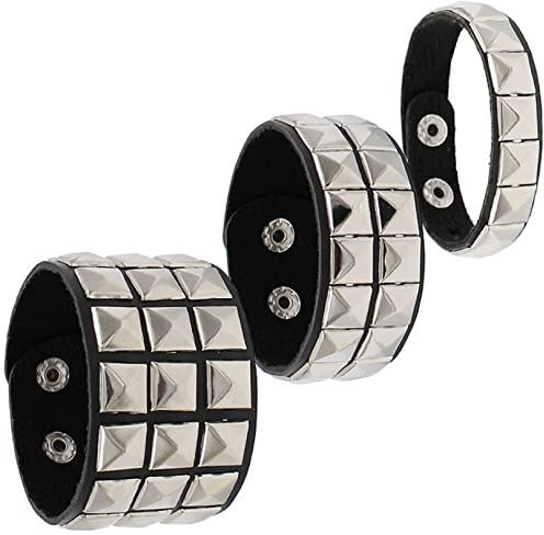 Thajaling 3 pezzi Braccialetti in pelle PU con borchie punk, braccialetti medievali, braccialetti con rivetti vintage, Bracciali in vera pelle vichinga, polsino con borchie gotiche per uomo donna