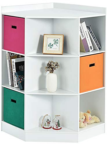 COSTWAY Scaffale Angolare, Scaffale ad Angolo con Tre Cestini Colorati e 9 Ripiani, per Casa, Soggiorno e Camera da Letto, 81x 61 x 94cm (Bianco)