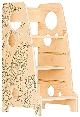 BABYLIKE Montessori Lernturm für Kinder | Lernstuhl ab 1 Jahr | Learning Tower | Tritthocker mit 2 Stufen & verstellbaren Fachböden | Vögel