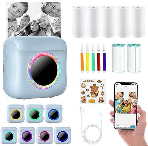 Carseatty Mini Thermal LED Bluetooth Inkless Printer - Portable Pocket Sticker Printer for Photos, Sticky Notes, Lists (C22 Blue)
