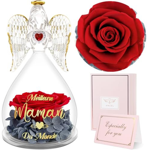 Sunia Cadeau Maman, Ange Rose Eternelle avec l'inscription Meilleure Maman du Monde, Cadeau Anniversaire Maman, Fleur Eternelle avec Ange Figurine, Cadeau Fete des Meres, Cadeau pour Maman,Vraie Rose