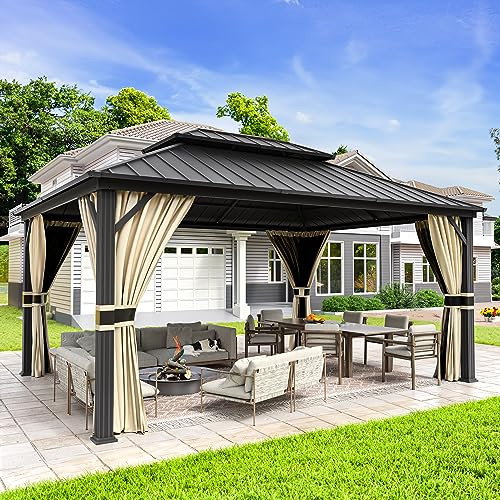 UDPATIO 3,65 x 4,85 m trädgårdspaviljong vattentät stabil vintersäker hård topp paviljong, galvaniserat stål, dubbeltak aluminium paviljong med myggnät och gardiner för trädgård, terrass, gräsmatta,