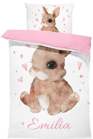 Pictogogo Personalisierte Baby Bettwäsche mit Hase, Wählbare Unterfarbe aus Baumwolle, Kinderbettwäsche Mit Namen 135x100, Babybett Komplett Set Mit Reißverschluss