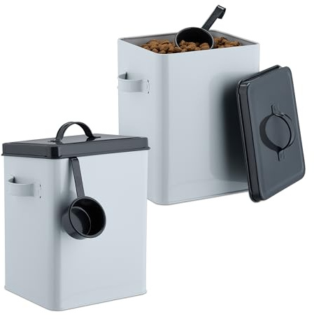 Relaxdays Scatola per Crocchette Cane, Set 2 Contenitori Cibo Gatti, 5,5L, Porta Mangime con Paletta, Bianco Antracite