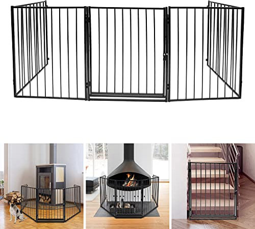 Daromigo Kaminschutzgitter mit Tür 304cm Metall Ofenschutzgitter Laufgitter Laufstall Absperrgitter Tierschutzgitter Türschutzgitter für Kinder-Sicherung, 5-teilig (je 60 x 75 cm) Schwarz