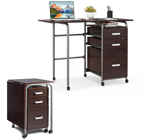 LIFEZEAL Bureau Pliant avec 3 Tiroirs & roulettes, Table d'Ordinateur Piliable Cadre en Métal, Poste de Travail avec Armoires à Dossiers pour Étude, Charge 100 kg (Marron)