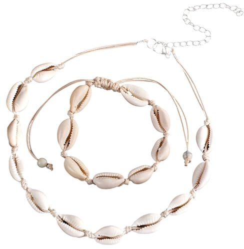 FMYODWU Set di 2 pezzi comprende braccialetto e collana di conchiglie, braccialetto di conchiglie naturali, collana di conchiglie naturali regolabile, adatta ai gioielli da spiaggia delle ragazze