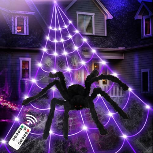 NEUFOOD Halloween Decorazioni，135 LED Ragnatela Decorazioni Halloween Case, 40 g Retrattile Ragnatele Halloween con 90 cm Finto Grande Ragno, 8 Modelli Viola Impermeabile Halloween Luci
