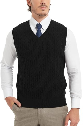 Kallspin Gilet en tricot pour homme en coton, col en V, tricot ajouré, sans manches, pullover décontracté, Noir , L