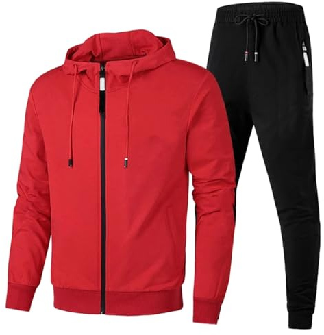 LinRim Tuta da uomo, tuta da allenamento, tuta da casa, pullover Y2K, hoodie e pantaloni larghi in cotone, tuta sportiva, tuta da tempo libero, set tuta da casa, abbigliamento sportivo, Colore: rosso