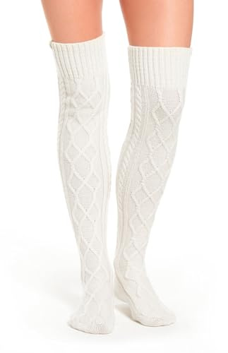 UILYNIU Winter Overknee Knitted Leg Warmers for Women Girls, Warm Cable Long Boot Fluffy Socks, Knee Socks Ladies Leg Cuffs Boot Warmers Knee High Leg Warmers (White, One Size)