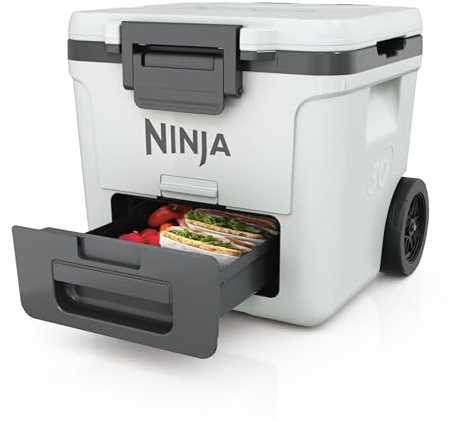 Ninja FrostVault Glacière Robuste et Isotherme, avec Roues FB230EUWH | tiroir de stockage à sec Dry Zone, conserve la glace plusieurs jours, capacité jusqu'à 48 canettes, Blanc Nuage