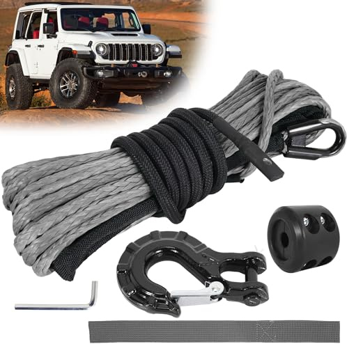 RUHUO Synthetic Winch Rope Kit, 3/16 x50' Winch Cable with Protective Sleeve, Heavy-Duty Winch Hook and Rubber Stopper, Winch Accessories for Off-Road SUV, UTV, ATV (Black&Grey, 3/16 x50')