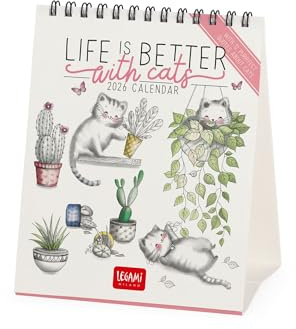 Legami - 2026 Desk Calendar, Sketchy Cats Desk Calendar, 12 Months and Yearly Planner in English, Zodiac Signs, International Holidays, 12 x 14.5 cm