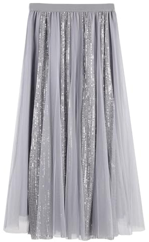 SPFASZEIV Gonna Lunga in Tulle con Paillettes per Donne Brillante a Linea A Gonna Midi con Glitter Outfit Casual Feste Festival Grigio Taglia Unica