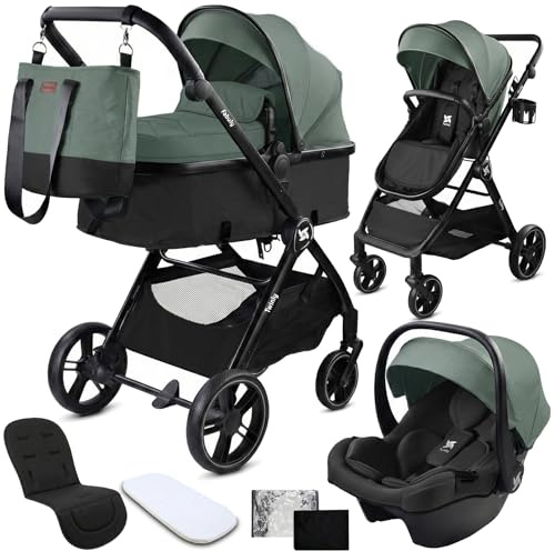 Twinly Carrito de Bebe 3 en 1 – Carro Bebe 3 Piezas con Grupo 0 (i-Size), Capazo y Silla de Paseo – FABULY – Plegable y Ligero con Bolso, Plástico Lluvia y saco – (Verde)
