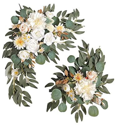Fictory Set di festoni di fiori artificiali per decorazione di archi nuziali, 2 pezzi, composizione floreale in seta con rose champagne ed eucalipto, 75 x 40 cm e 45 x 30 cm, da appendere alla parete