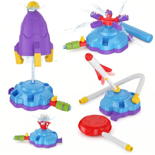 LOMUG Jeux d'extérieur 3 en 1 pour enfants, dinosaure, jouet de jardin pour enfants avec jeu de lancer d'anneaux, fusée, jouet musique, corde à sauter, cadeau pour enfants, garçons et filles de 3, 4