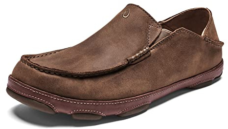 OLUKAI Moloa Men's Premium Leather Shoes, Easy Slip On & Off Design, Casual & Versatile Loafer, Drop-in Heel & Enhanced Traction, Ray/Toffee, 12