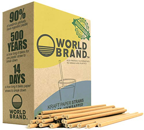 World Brand 250 Count Kraft Paper Straws - Eco-Friendly Party Supplies - Biodegradable Drinking Straws - Plastic & Dye Free - Unwrapped - Perfect for Juices, Shakes, Smoothies, Ice Coffee & More