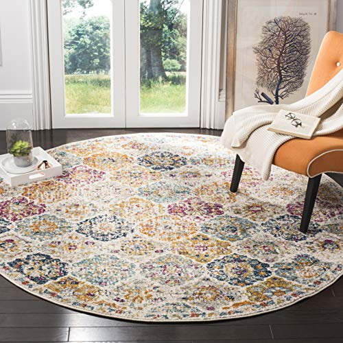 Safavieh Tapis de Sol Vieilli pour Salon, Salle à Manger, Chambre à Coucher - Madison Collection, Tapis à Poil Court, Crème et Multi, 120 x 120 cm