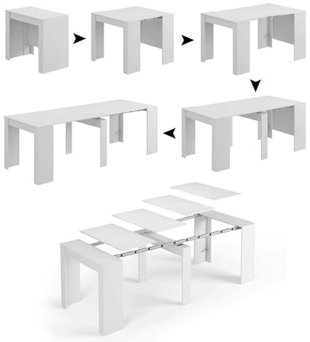 Dmora - Consolle Compton, Tavolo da pranzo allungabile, Tavolo con Allunghe Multiuso Estensibile Fino a 10 posti, 51/237x90h78 cm, Bianco Lucido