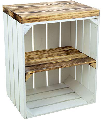 Sitzkiste Ablagetisch Sitzkiste aus unserer Johanna Obstkiste und massiven Holzplanken Schuhablage Schuhkommode Hocker aus Holz Maße 40 x 30 x 53cm L x T x H (weiss und geflammt)