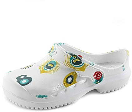 Schu'ZZ – Zoccoli medici da donna – Scarpe da ospedale – leggere, confortevoli, traspiranti, antiscivolo, suola rimovibile, Piuma di pavone., 39 EU