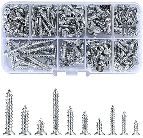 Vwoqiy 228PCS Self Tapping Screws, M3/M4/M5 Cross Drive Flat Countersunk Head Wood Screws, Metal Self Drilling Screw for Woodworking, with Storage Box (silver 228)