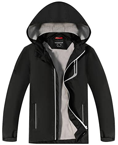 YoungSoul Boys Girls Waterproof Jackets Kids Lightweight Fleece Lined Raincoat School Coats with Detachable Hood Black 9-10 Years