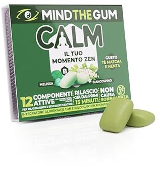 Mind The Gum Calm Integratore Rilassante - 27 Chewing Gum | Integratori Mente Contro Ansia, Stress E Stanchezza Mentale | Con Melissa, Teanina E Biancospino