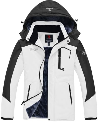 donhobo Men's Fleece Jacket Winter Waterproof Warm Ski Jackets Windproof Coat with Zip Pockets Hood(White Black,XXL)