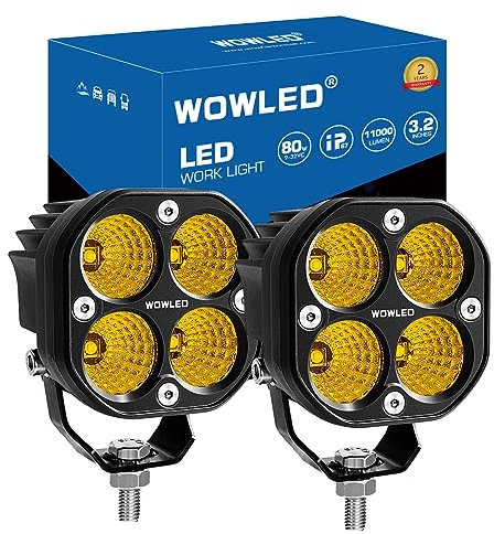 WOWLED Amber 12V LED Cube Lights, 3Inch 80W Flood Yellow Fog Backup Lamp for Truck ATV UTV SUV Tractor ATV Exterior Driving Light