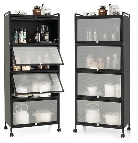 HOMASIS Küchenschrank mit Rollen, 5-stufiges Küchenregal mit Tür, Mikrowellenschrank Standschrank Hochschrank Lagerschrank Aufbewahrungsschrank für Küche, Wohnzimmer, 60x32x154cm (Schwarz)