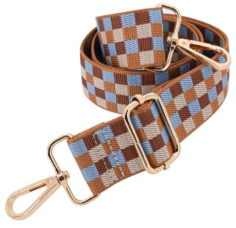 ROYGBCP Bandoulière de rechange réglable pour sac à main et sac à bandoulière large pour femme, Quincaillerie en damier doré, 1.5 inches wide, 28 to 50 inches long