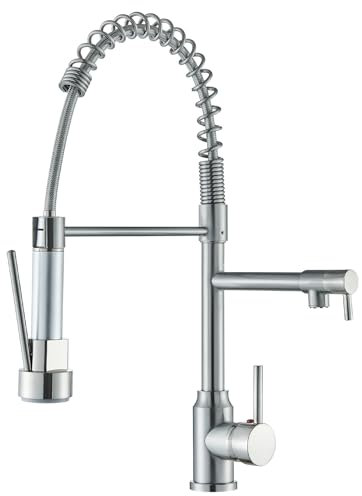 TVTIUO Rubinetto da Cucina con Molla a Spirale, Rubinetti Girevoli a 360° con Due Beccucci, Doccetta Estraibile, in Nichel Spazzolato