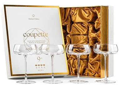Coupette Cocktail Martini Gläser und Champagnerschalen | 4er Set | Elegante 260 ml Kristall Coupe Cocktailgläser mit Langen Stiel für Champagner, Espresso Martini, Daiquiri, Cosmopolitan