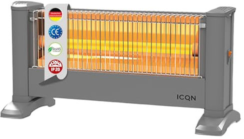 ICQN Riscaldatore a raggi infrarossi, per ambienti fino a 10 m², 900 W, IP20, riscaldamento elettrico, cavo da 135 centimetri, riscaldatore per ufficio o casa, riscaldamento a infrarossi (argento)